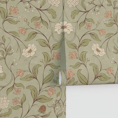 Spoonflower Jumbo Vintage Woodland Floral - Botanical - Soft Sage Green Pink - 24" Performance 2' X 12'