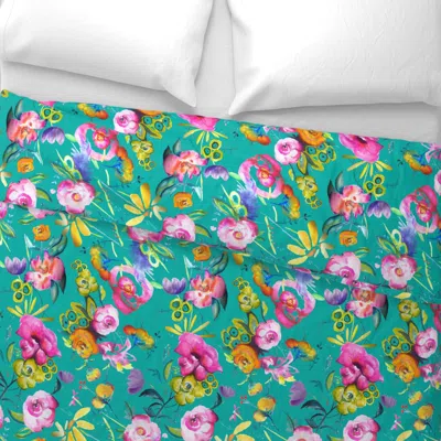 Spoonflower June Floral // Caribbean Blue Wide Cotton Sateen 3.5 oz 26" X 20" Standard Knife Edge