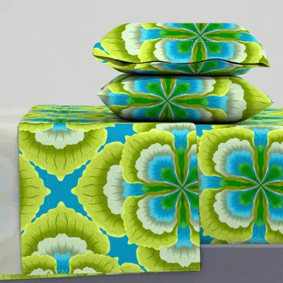 Spoonflower Kaleidoscope In Green And Blue - Large Queen Sheet Set