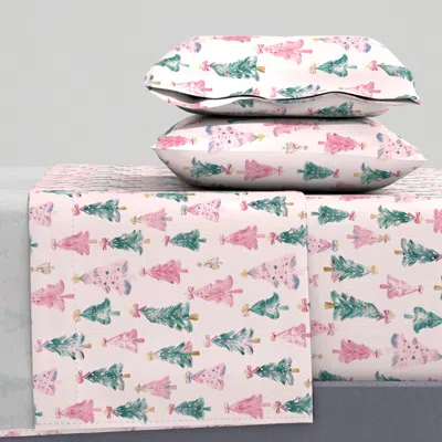 Spoonflower Kawaii Christmas Trees Pink Bows Green Pink Coquette Christmas Cute Queen Sheet Set