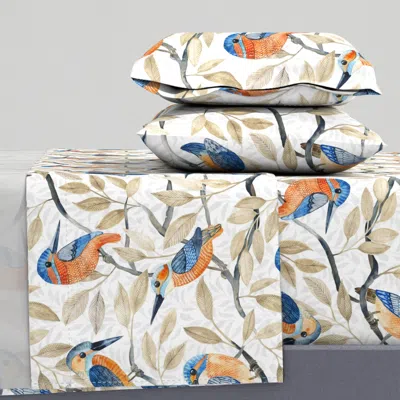 Spoonflower Kingfisher Pattern Watercolor On White Big Scale Queen Sheet Set