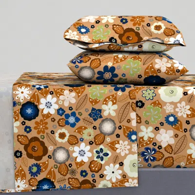 Spoonflower Kitsch 70s Flowers-classic Blue And Brown Queen Sheet Set
