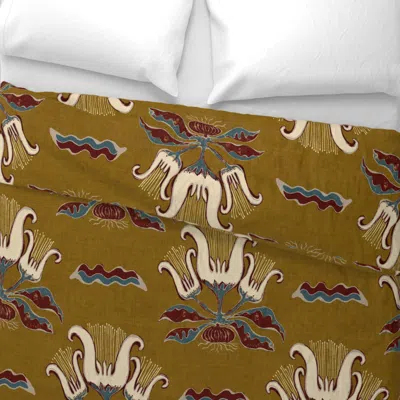 Spoonflower L Block Print Tulip Botanical Warm Ochre Linen Folk Floral Wallpaper Wide Cotton Sateen 3.5 oz 26" X