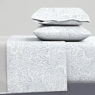 Spoonflower L) Blue Gray Fan Coral Reef - Coastal Calm Ocean - Dusky Blue On White Queen Sheet Set