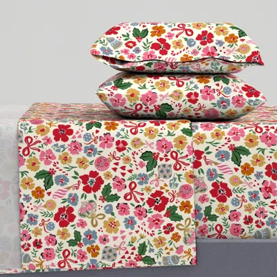 Spoonflower L Ditsy Christmas Floral Pink Yellow Red Green Ornaments Baubles Candy Cane Queen Sheet