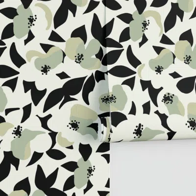 Spoonflower L - Modern Minimalist Big Flowers With Black Sage Green And Pastel On White Performance In Multi