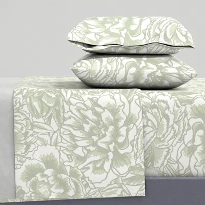 Spoonflower (l) Monochrome Painted Sage Green Peony Floral Line Art On Off White Queen Sheet Set