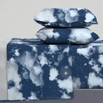 Spoonflower L - Painted Realistic Clouds In Stripes On Late Night Blue Sky With Stars Full Sheet Set