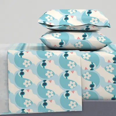 Spoonflower L Synchronized Swimmers - Pop Art Style Vintage Playful Print - Mid Blue Queen Sheet Set