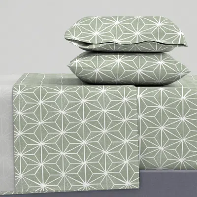 Spoonflower Large Asanoha Hemp Leaf Japanese Japan Linocut Sage King Sheet Set