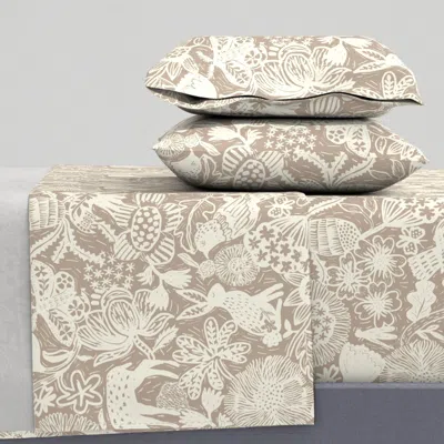 Spoonflower Large Block Print Linocut Floral- Woodland Animals Neutral Beige On Cream Queen Sheet Se