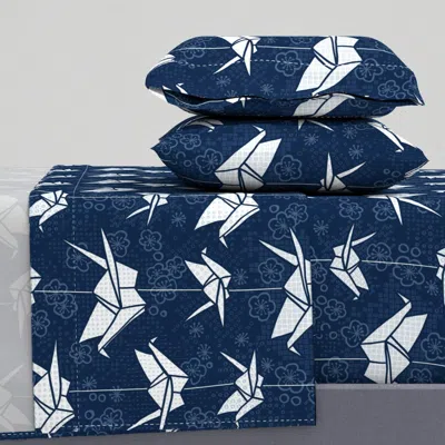 Spoonflower Large Blue Monochrome Origami Cranes Queen Sheet Set