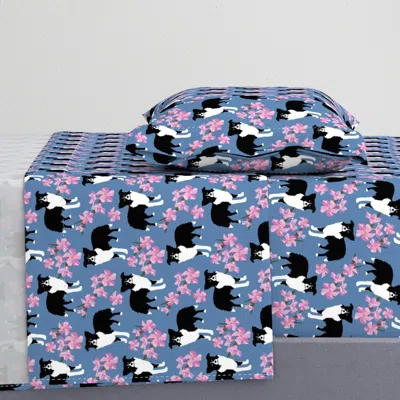 Spoonflower Large Border Collie Pink Flowers Blue Denim Dog Floral Fabric Twin Sheet Set