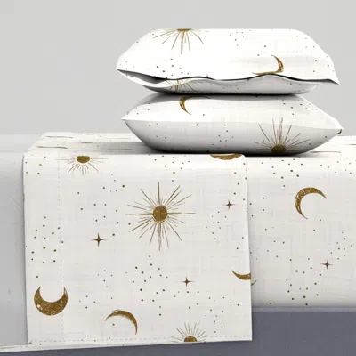 Spoonflower Large - Celestial Sun Moon Stars Faux Gold On Off White Cream Linen Look Queen Sheet Set