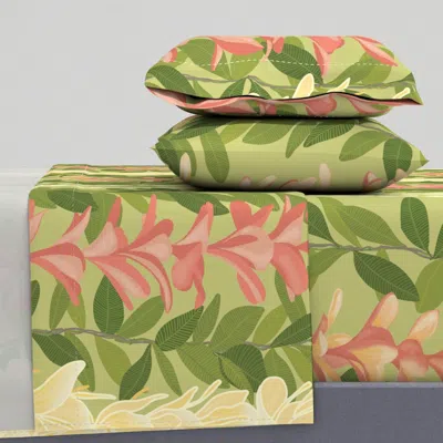 Spoonflower Large Ginger Lei Plumeria Pikake Lime King Sheet Set