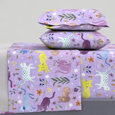 Spoonflower Large Painted Kitties Whimsical Floral On Lilac Cal King Sheet Set