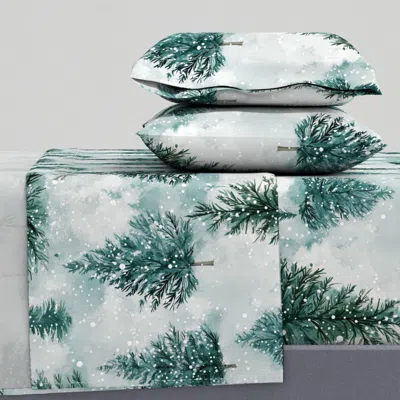 Spoonflower Large Pine Forest Watercolor Snow Scene In Sage Green And Crystal Mint Queen Sheet Set