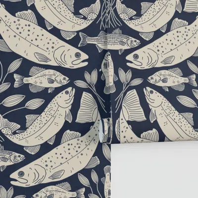 Spoonflower Large - Rustic Freshwater Fish Block Print - Ivory On Navy Blue Performance