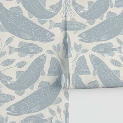 Spoonflower Large - Rustic Freshwater Fish Block Print - Sky Blue On Cream Performance
