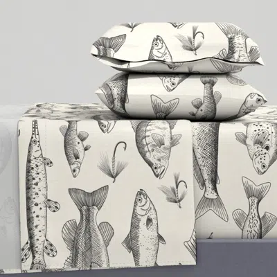 Spoonflower Large Scale - Charcoal Black Freshwater Fish Toile Queen Sheet Set