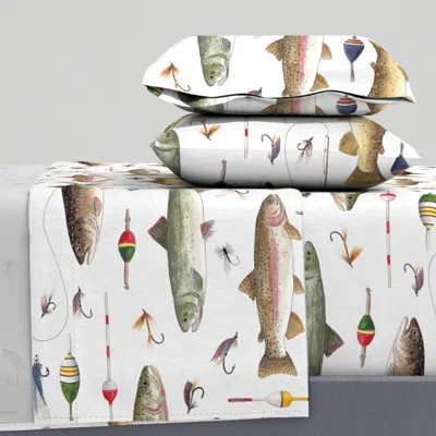 Spoonflower Large Scale - Watercolor Trout With Fishing Rod And Lures - Gone Fishing King Sheet Set