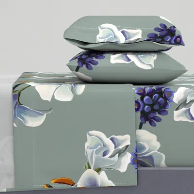 Spoonflower Large White Bouquet Diagonale On Sage Green Teal King Sheet Set