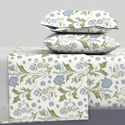 Spoonflower Large Wildflower Floral Meadow White Blue Green Hand Drawn Heritage Style King Sheet Set
