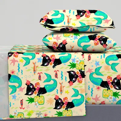 Spoonflower Large-tropical Mid-century Mermaid Kitty Full Sheet Set