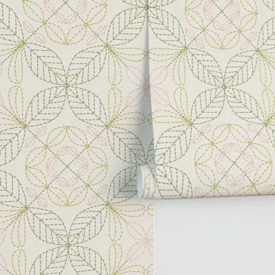 Spoonflower Leaf Botanical Embroidery Stitching (green/pink) Performance In Neutral