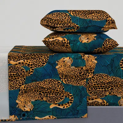 Spoonflower Leopards On Blue Large King Sheet Set