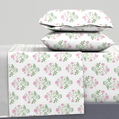 Spoonflower Light Pink And Green Indian Flower Block Print Queen Sheet Set