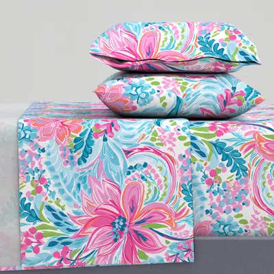 Spoonflower Lilly's Bouquet- Pink/cyan On White Queen Sheet Set