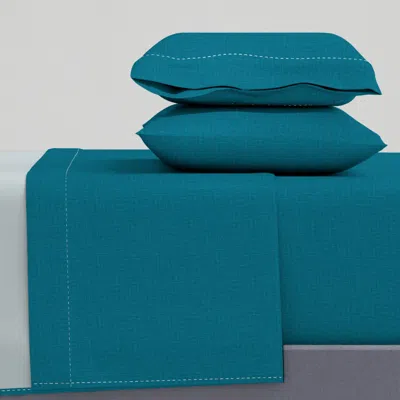 Spoonflower Linen Look Texture Printed Deep Teal Blue Green Color Queen Sheet Set