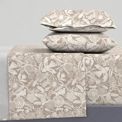 Spoonflower Linocut Block Print Floral And Animals Beige And Cream Medium King Sheet Set