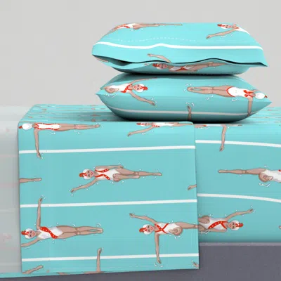 Spoonflower Little Swimmers Pretty In Red Large Lt Pool Blue King Sheet Set