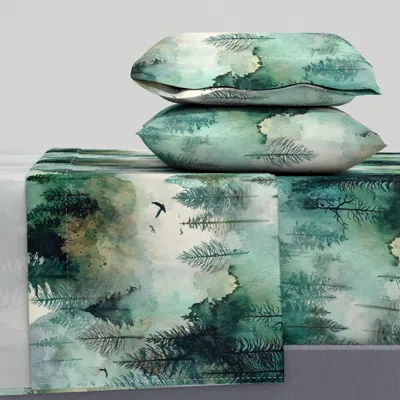 Spoonflower Lost In The Moody Misty Mountains Watercolor Trees In Emerald Green Large Queen Sheet Se
