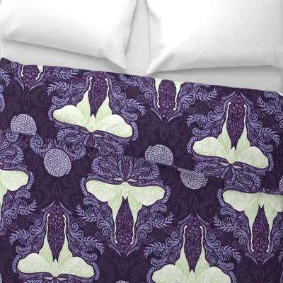Spoonflower Luna Moon Moth Damask On Purple - Xl Wide Cotton Sateen 3.5 oz 26" X 20" Standard Knife Edge