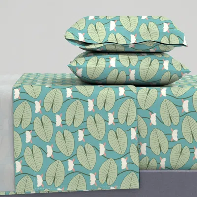 Spoonflower (m) Art Nouveau Tranquil Water Lily Garden W Kingfisher Turquoise Teal Bg King Sheet Set