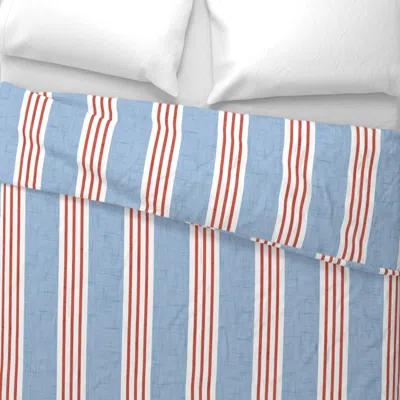 Spoonflower (m) Blue Red Stripe - French Farmhouse Stripe Linen Texture Grandmillennial Euro Pillow