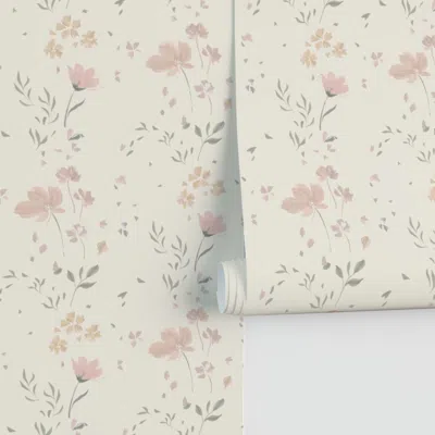 Spoonflower (m) Wavy Trailing Florals. Rose Pink & Gold Flowers On Warm Cream. Medium Performance 2' X 12' In Neutral