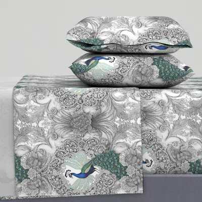Spoonflower Majestic Peacock In Monochrome Gray King Sheet Set
