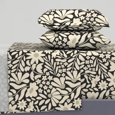 Spoonflower Maximalist Retro Floral - Dark Charcoal Background - Medium Scale King Sheet Set