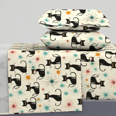 Spoonflower Mcm Atomic Starburst Retro Black Kitty Cats Queen Sheet Set
