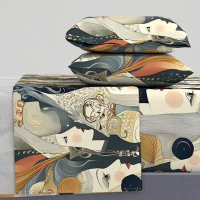 Spoonflower Medieval Queens In Muted Blue And Orange On Ivory King Sheet Set