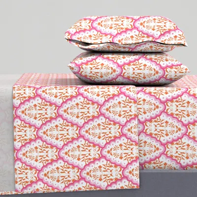Spoonflower Medium Pink And Orange Scallop Paisley Queen Sheet Set