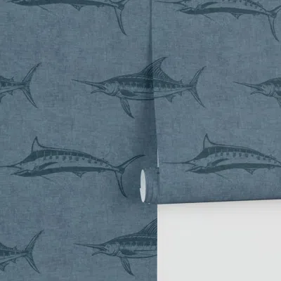 Spoonflower (medium Scale) Marlin Fish Fishing Coastal Block Print Dark Navy Blue Performance 2' X 12'