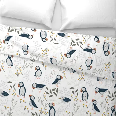 Spoonflower Medium Scale Puffin Birds With Scattered Florals Wide Cotton Sateen 3.5 oz 26" X 20" Standard Knife 