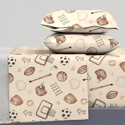 Spoonflower Medium Vintage Kids Sports - Ivory- Watercolor Basketball Football Baseball Full Sheet S