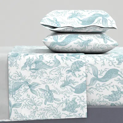 Spoonflower Mermaid Turtle Toile In Seafoam King Sheet Set