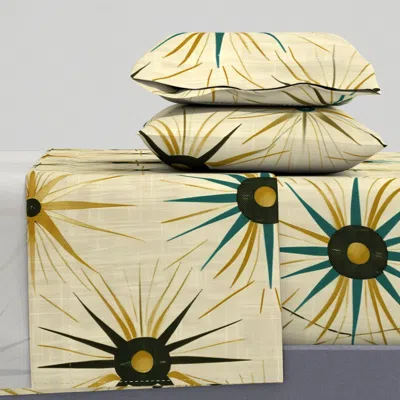 Spoonflower Mid Century Atomic Starburst Pattern In Teal Gold And Black Queen Sheet Set